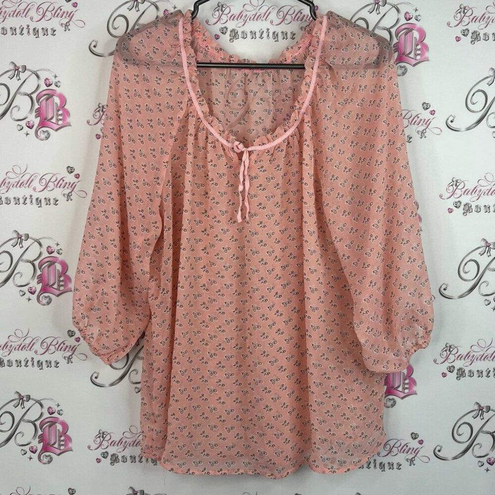 Blouse flowy paisley print tie up strings sheer style Floral Women's Top